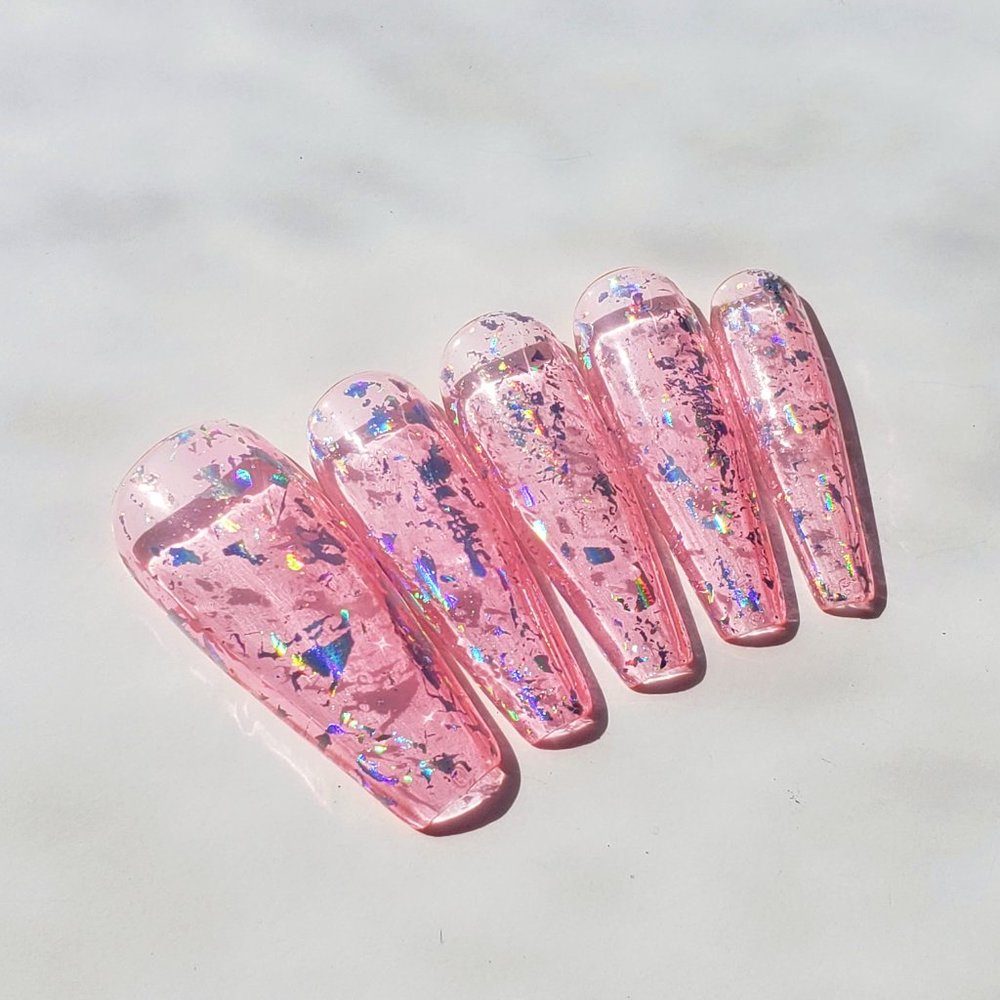 Pink Holographic Reusable Press On Nails - Picture 2 of 6